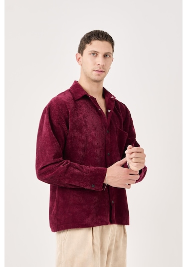 Rocqerx X-0002 Cep Detaylı Fitilli Kadife Gömlek Bordo