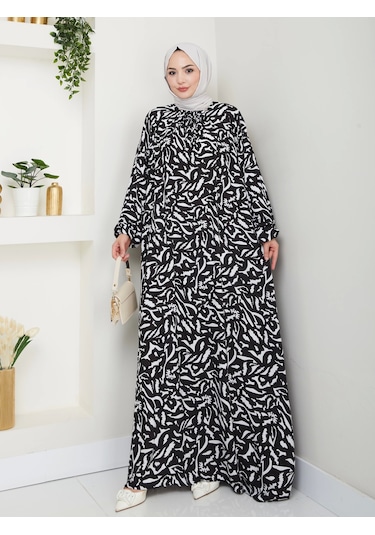 Desenli Önü Büzgülü Viskon Elbise - Siyah / E0131 Siyah