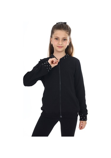Toontoy Kız Çocuk Kolej Yaka Fermuarlı Cepli Boncuk İşlemeli Örme Hırka - 2 İplik Siyah