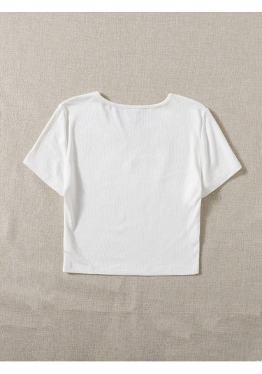 V Yaka Beyaz Renk Fitilli Kısa Kollu Regular Crop Top Bluz
