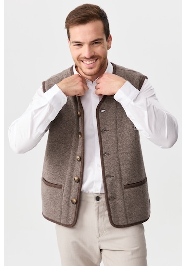 Erkek V Yaka Keçe Aksesuarlı Pike Dokuma Yün Yelek Vizon Vizon