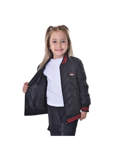 Kız Çocuk Siyah Kolej Yaka İçi Astarlı Su Ve Rüzgar Geçirmez Fermuarlı Cep Mont Ceket Siyah