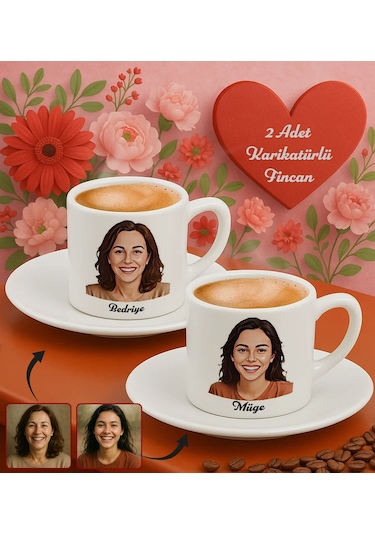 Bk Gift Kişiye Özel Anne&çocuk İsimli Karikatürlü 2li Türk Kahvesi Fincan Seti-1, Sevgiliye Hediye, Arkadaşa Hediye, Anneye Hediye, Anneler Günü Hediy Renkli