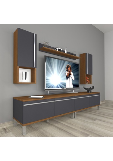 Decoraktiv Eko 5200ta Mdf Krom Ayaklı Tv Ünitesi Tv Sehpası Ceviz - Antrasit