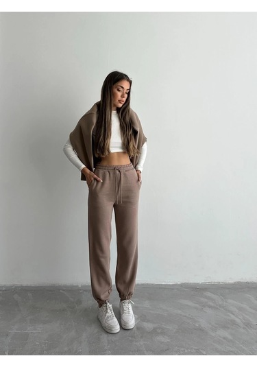 3 İplik Şardonlu Paça Lastikli Eşofman Vizon İs001 Vizon