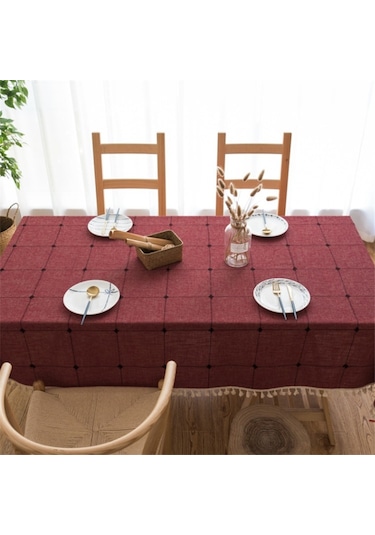 Kare Kafes İşlemeli Masa Örtüsü Saf Renk Pamuk Keten Püskül Dikdörtgen Sehpa Mat, Boyutu: 110x170cm Kırmızı Kırmızı