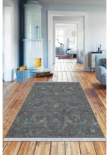 Gri Vintage Dokuma Pamuk Tabanlı Kaymaz Kilim Klm357