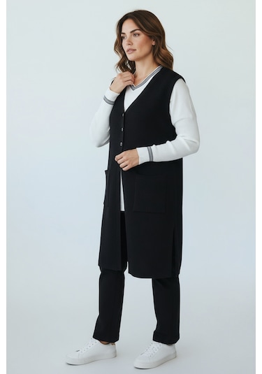 Kadın Önü 3 Düğmeli Üstten Cepli Uzun Yelek Siyah