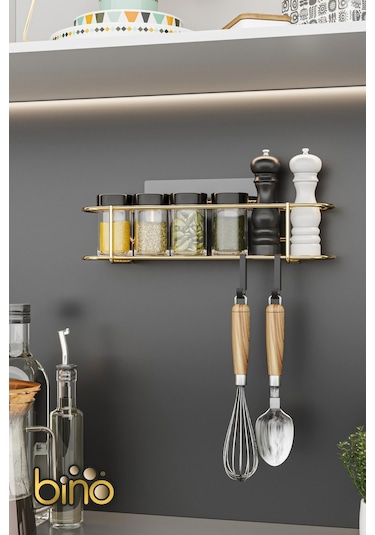 Bino Baharatlık Lüks Metal Gold Mutfak Rafı Banyo Rafı Yapışkanlı Kancalı Şık Tasarım Tuzluk Askılık Çok Renkli