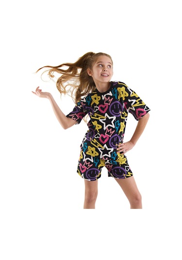 Denokids Mushi Street Style Kız Çocuk T-shirt Şort Takım Çok Renkli