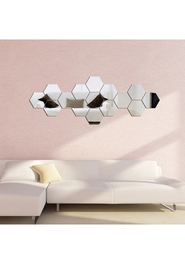 Mufunye 12 Adet Silver Akrilik Hexagon Yansıta Duvar Sticker - Dıy Ev Dekorasyonu, Çocuk Odası/yatak Odası/banyo Uygun, Kolay Kurulum, 20x17x10cm Gümüş