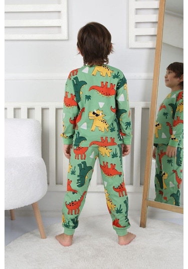 Erkek Çocuk Dino Desenli Uzun Kollu Pijama Takımı-910 Yeşil
