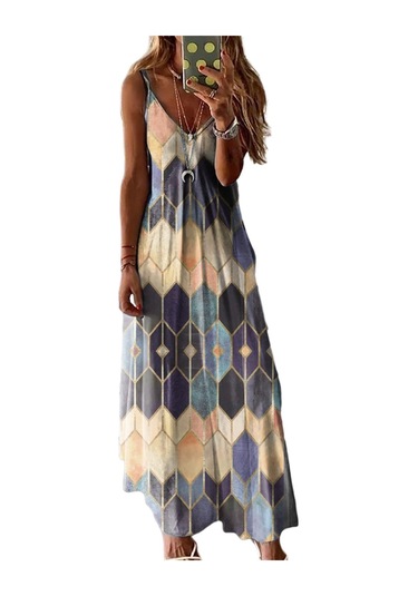 Şarap Kırmızısı Kadın Etek Yaz Gündelik Baskı Yular Tank Elbise Uzun Elbise