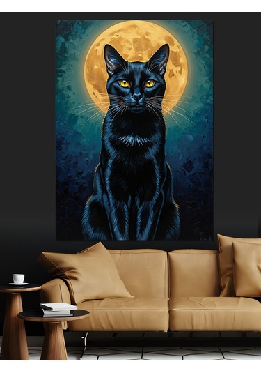 Kara Kedi Silüeti Gece Dekoratif Kanvas - Mdf Ahşap Tablo