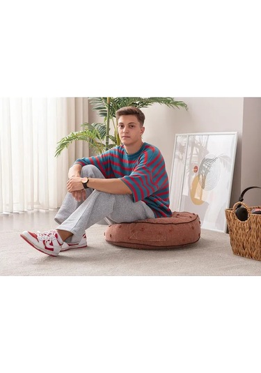 Çok Amaçlı Puantiyeli Keten Yer Bahçe Minderi Fermuarlı İç Dolgulu Yıkanabilir 60x69 Kiremit