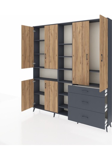 Arges Dolap 13 Raflı 3 Çekmeceli 6 Kapaklı 220x30x243 Antrasit-çam/antrasit Atlas Çam/antrasıt
