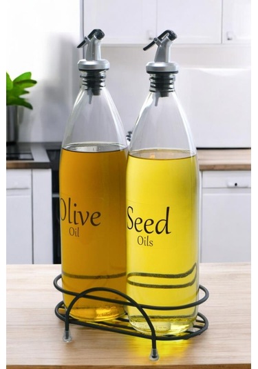 Digithome Aura 2'li Siyah Metal Standlı Yağdanlık Seti Şeffaf Etiketli Cam Yağlık 1000 Ml Cys-17 Siyah