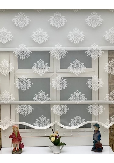 Ekru Renk Damaks Ve Osmanlı Desenli Çiftli Tül Stor Perde