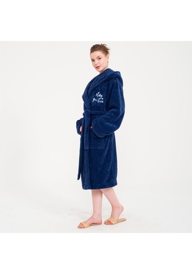 Uzun Welsoft Kapüşonlu Kadın Sabahlık Lacivert