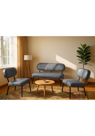 Luna Modern Deri Koltuk Takımı Bekleme Koltuğu Ofis Koltuk Takımı Gri Gri