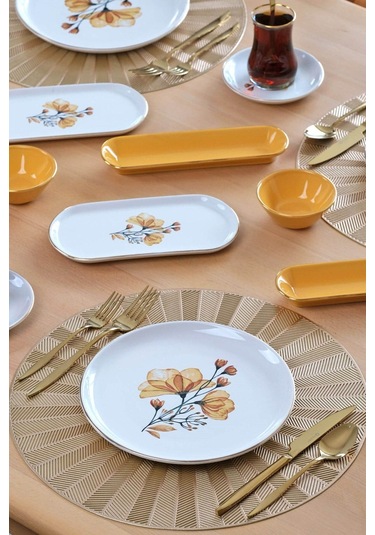 Asya Lizy Hardal Altın Yaldızlı 32 Parça 6 Kişilik Seramik Kahvaltı Takımı Desenli