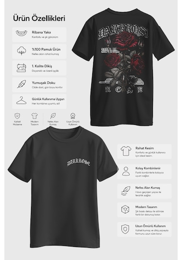 Spoyi Bordo Gotik Gül Tasarımlı %100 Pamuk Yarım Oversize Siyah T-shirt