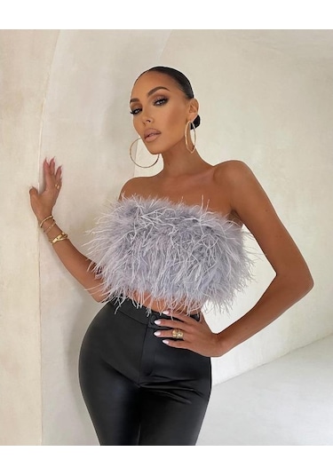 Yaz Modası Kabarık Çok Renkli Kolsuz Tüylü Kılıf Üst Gri