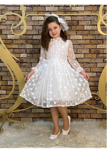 Fiyonk Detaylı Puantiyeli Kurdelalı Tül Elbise - Tül Abiye - Mezu