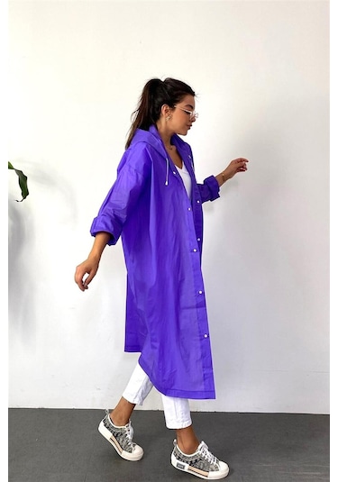 Unisex Kadın Ve Erkek Yağmurluk %100 Eva Çıtçıtlı Kapüşonlu Mor