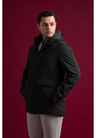 Slimfit Kapşonlu Çıtçıt Ve Fermuar Kapamalı Kapak Cepli Elyaf Dolgulu Astarlı Yan Cepli Uzun Mont 001