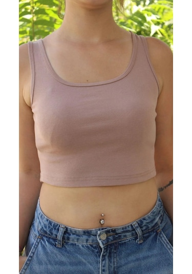 Afri Kadın Sütlü Kahve Basic Ribana Atlet Crop Likralı Spor Üst Sütlü Kahverengi
