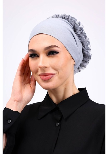 Kaymayan Fırfırlı Silikonlu Dikişsiz Bone - Kaymaz Kadın Tesettür Bağlamalı İç Bone-açık Gri Açık Gri