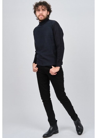 Çizgi Triko Erkek Yarım Balıkçı Yaka Desenli Kazak 42564229 Açık Açık Lacivert