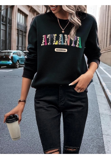 Unisex Oversize Siyah Atlanta Baskılı Bisiklet Yaka Sweatshirt Siyah
