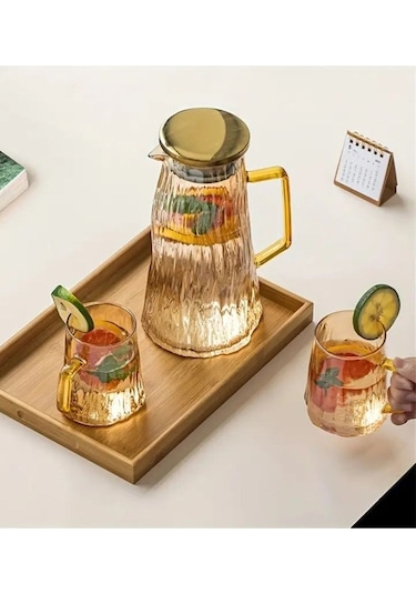 Qerhome Borosilikat Cam Sürahi Takım Elio 6 Bardaklı Gold 1800 Ml