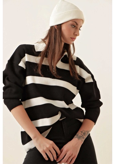 Gabria Fermuarlı Çizgili Kazak Siyah