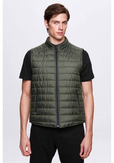 Ds Damat Regular Fit Haki Dik Yaka Elyaf Dolgulu Mevsimlik Fermuarlı Yelek Mont 7HF07ORT42611