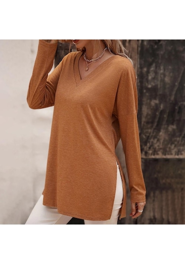 Hnxc Kadın Moda Günlük Yaz Düz Renk Baskı Uzun Kollu V Yaka Bluzlar Ve Gömlekler Yeşil