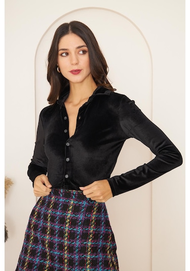 Darlin Moda Kadın Siyah Kadife Uzun Kollu Crop Gömlek Dm9003 Siyah