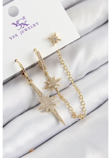 Pirinç Zirkon Taşlı 3'lü Kutup Yıldızı Model Gold Renk Kadın Küpe Çok Renkli