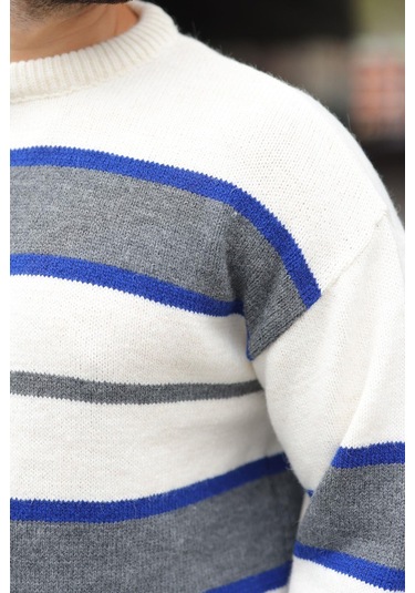 Kemik Rengi Çizgili Bisiklet Yaka Triko Erkek Kazak E7455 Kemik Rengi