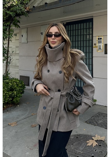 Vizon Ek Parça Yaka Detaylı Kaşe Kaban - 1125 Kum Rengi