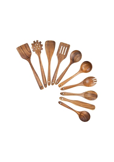 Vkemall Doğal Teak Ahşap Mutfak Gereçleri Seti - 10 Parça, El Yapımı, Toksiksiz, Anti Yapışkan, Mutfak Gerekli Malzeme Kahverengi