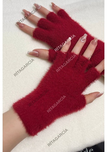 Peluş Kesik Parmak Eldiven Kırmızı
