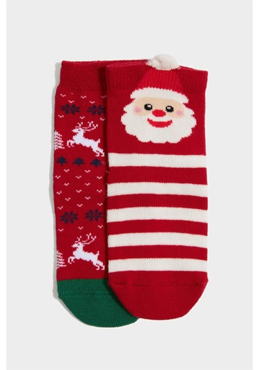 Defacto Kız Bebek Yılbaşı Temalı Dikişsiz 2li Pamuklu Uzun Çorap G3994a5nsrd2 Kırmızı-rd2