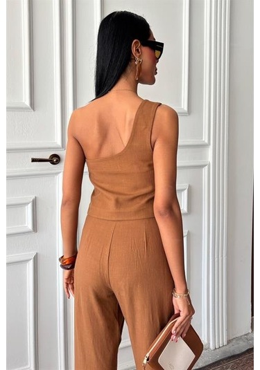Tek Omuz Büstiyer Plazzo Pantolon Viscon Takım 10159 Kahverengi