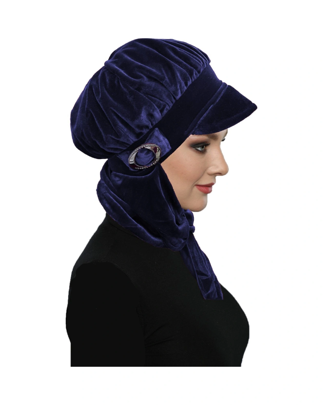 Kadife Şapka Atkılı Toka Detaylı Lacivert Hazır Türban Tesettür Bone Lacivert