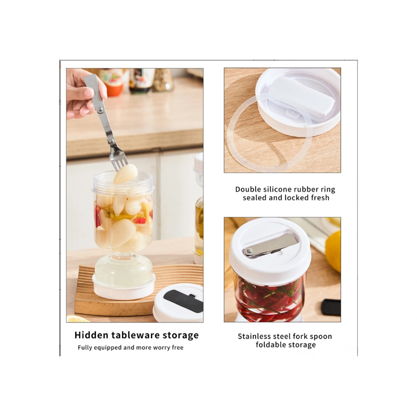 Youtek Beyaz Plastik 800ml Gıda Depolama Kavanozu, Islak-kuru Ayrımı, Görünür Kapak, Katlanabilir Çatal, Ev Ofis Mutfak Tuzlama Salata Sosu İçin Beyaz