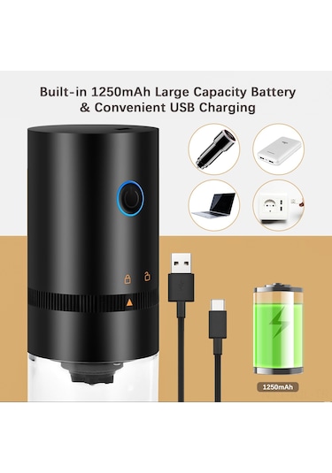 Gajeena Usb Şarjlı Mini Kahve Değirmeni - Hızlı Öğütme, Kalınlık Ayarlı, Taşınabilir, 1250mah Pil, Siyah Siyah