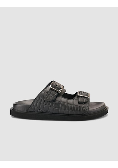 %100 Hakiki Deri Croco Desen Siyah Erkek Terlik Siyah